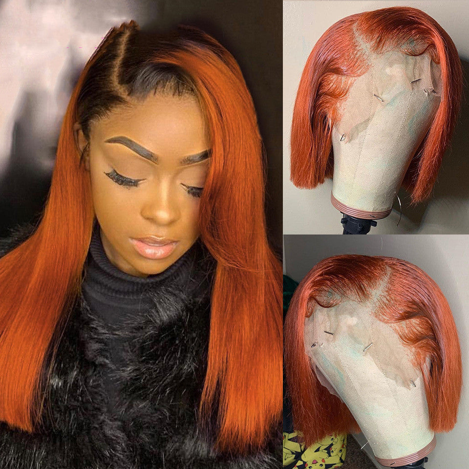 Short Bob Wig Orange Lace Front Human Hair Wig
