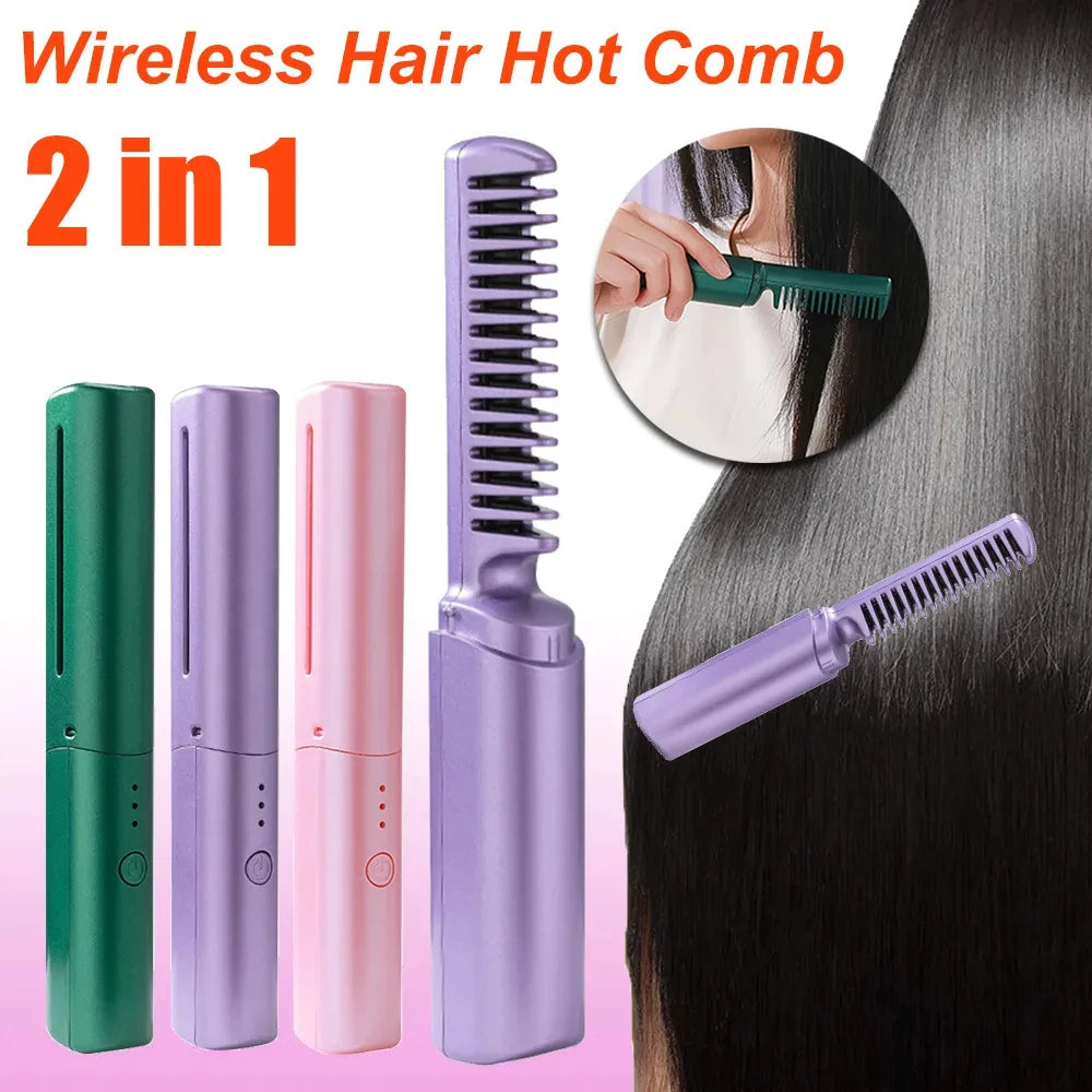 Wireless Hair Straightener Curler Comb Fast Heating Straightening Curling Brush Hair Styling Tools