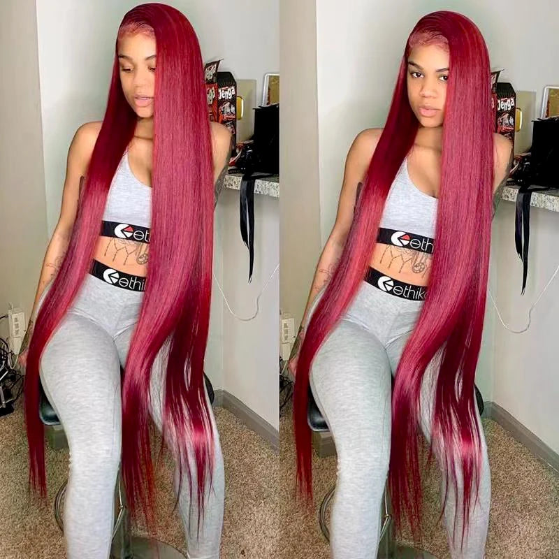 30 36 Inch Burgundy 13x6 Hd Lace Frontal Human Hair Wig On Sale Bone Straight Lace Front 99J Colored Human Hair Wigs For Women