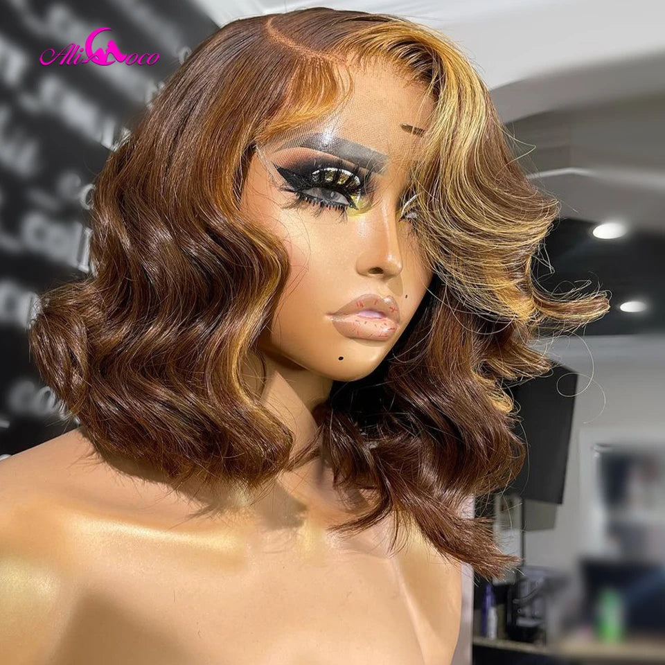 Brown With Blonde Body Wave Bob Wigs 13x4 Lace Front Wig Transparent Lace Wig Honey Blonde Lace Frontal Human Hair Wig For Women