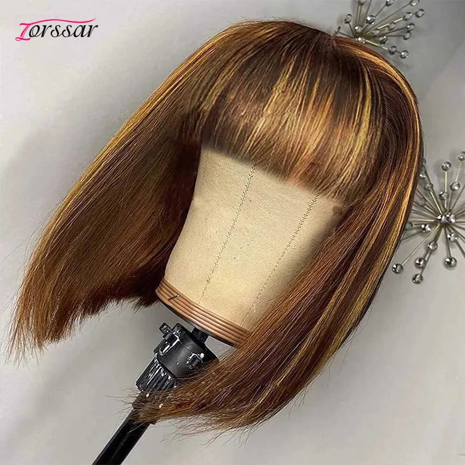 Bone Straight Highlight Bob Wig Brazilian Human Hair Wig With Bangs For Black Women Remy Hair Full Machine Made No Lace Wig
