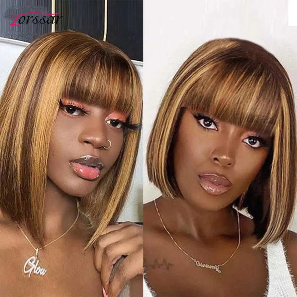 Bone Straight Highlight Bob Wig Brazilian Human Hair Wig With Bangs For Black Women Remy Hair Full Machine Made No Lace Wig