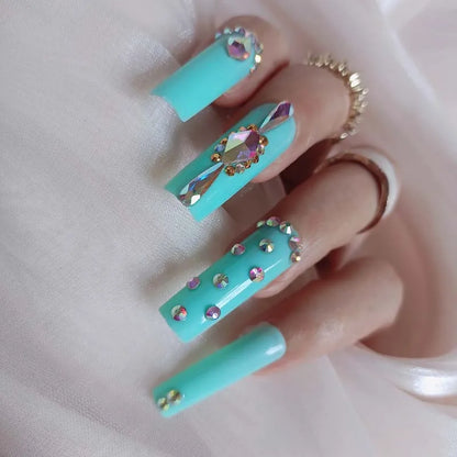 24pcs luxury decorate  long ballet Fake Nails square head Crystal diamond false Nail light blue