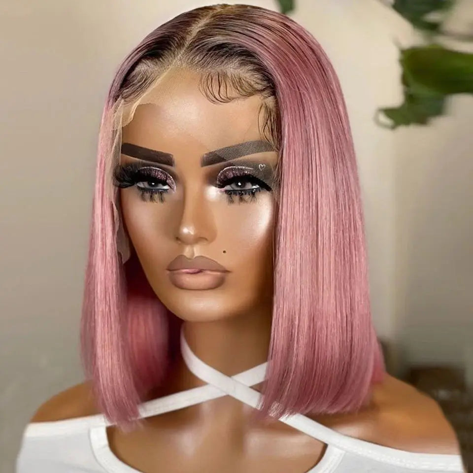 Ombre Pink Bob Wig Straight Lace Front Human Hair Wigs For Women Short  Bob Transparent Lace Wig Bleached Knots Pre Plucked