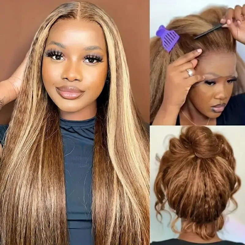 Kinky Straight 13X4 Highlight Ombre Lace Front Wigs P4/27 Honey Blonde Human Hair Yaki Straight Lace Frontal Wigs With Baby Hair