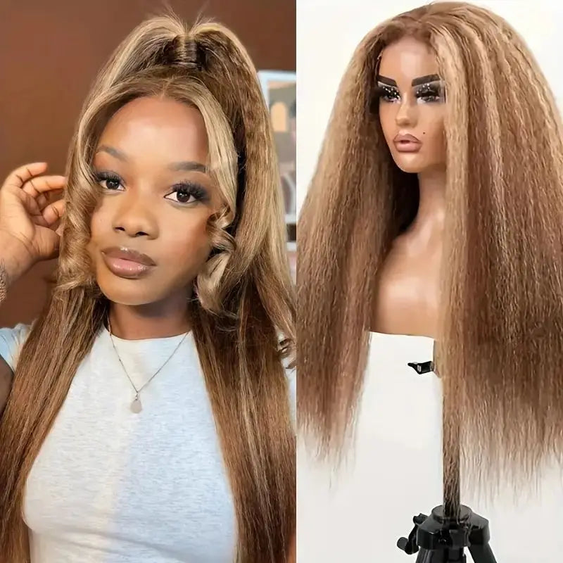 Kinky Straight 13X4 Highlight Ombre Lace Front Wigs P4/27 Honey Blonde Human Hair Yaki Straight Lace Frontal Wigs With Baby Hair