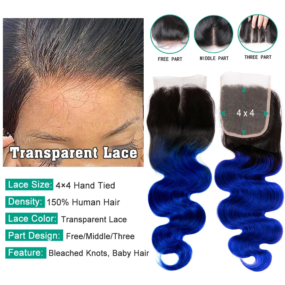 1B Blue Short Bundles With Closure Body Wave Ombre Pink Turquoise Purple Human Hair Weave 1 Pc And 4x4 Lace Closures For Bob Wig