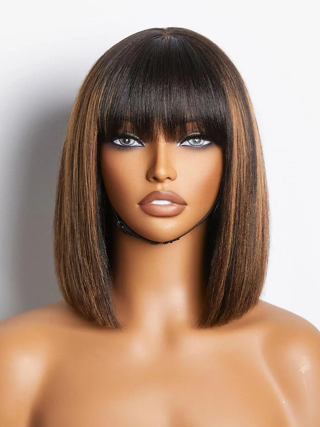 10 Inch Straight Bob Wig with Bangs Human Hair Glueless HD Lace Bob Wig with Brown Highlights, Ready to Go Short Wigs For Women