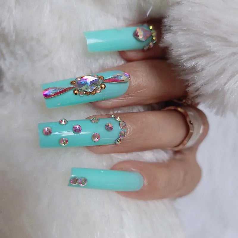 24pcs luxury decorate  long ballet Fake Nails square head Crystal diamond false Nail light blue