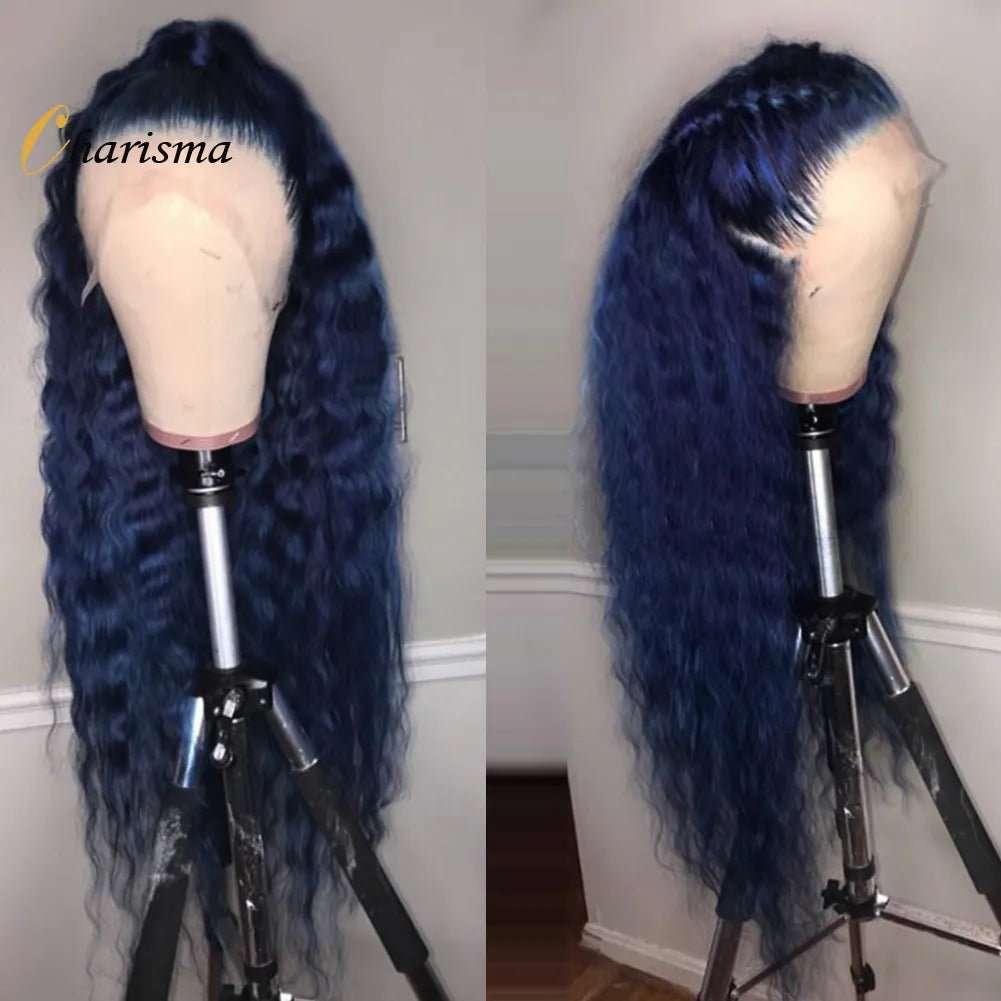 &quot;Charisma 26&quot; Long Water Wave Synthetic Lace Front Wig in Dark Blue - Natural Hairline Wig&quot;
