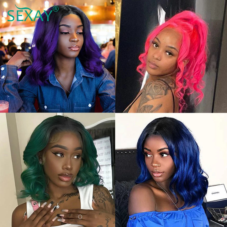 1B Blue Short Bundles With Closure Body Wave Ombre Pink Turquoise Purple Human Hair Weave 1 Pc And 4x4 Lace Closures For Bob Wig