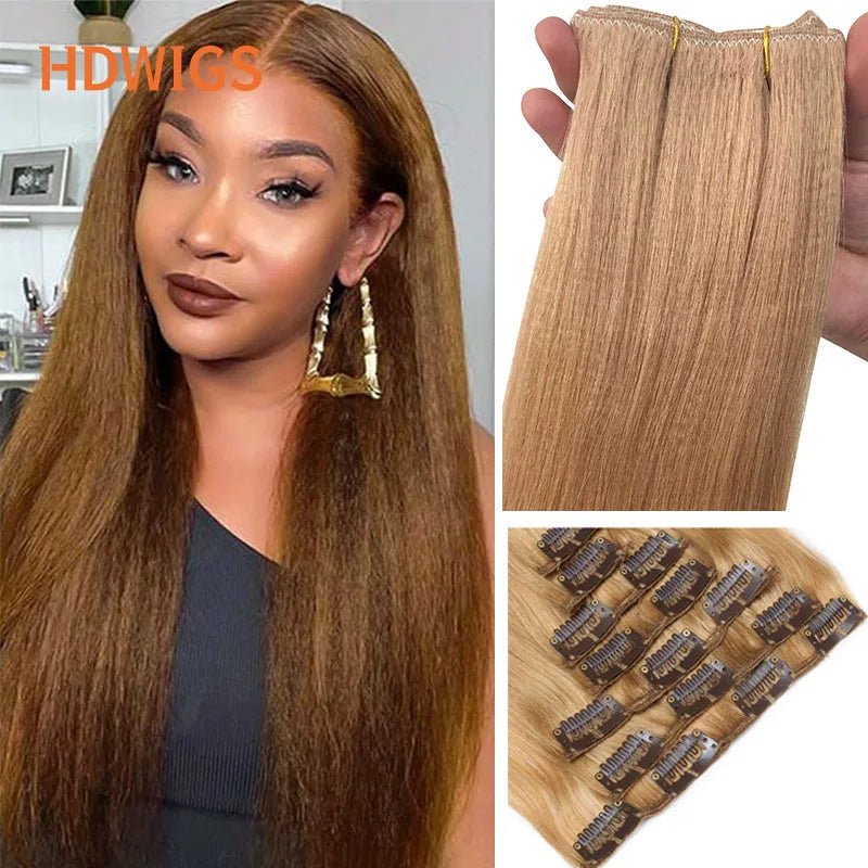 Clip in Human Hair Extension Kinky Yaki Straight 7pcs Clips in Hair Extension Human Hair Natural Hairpiece Extensions by Fusion