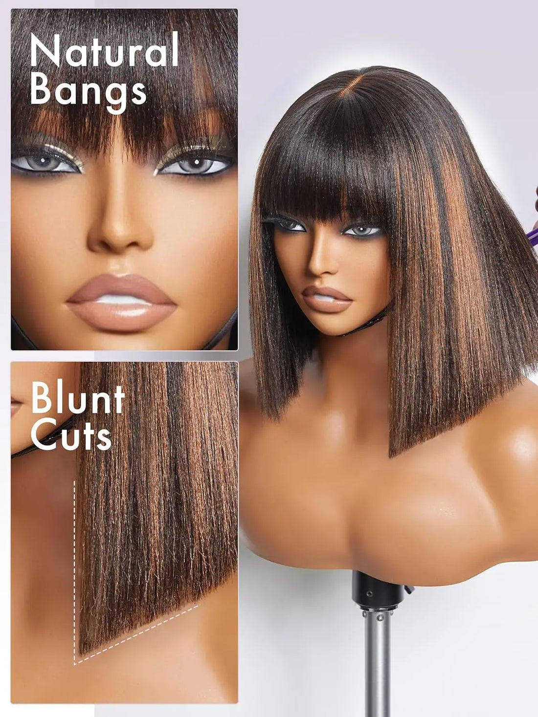 10 Inch Straight Bob Wig with Bangs Human Hair Glueless HD Lace Bob with Brown Highlights,