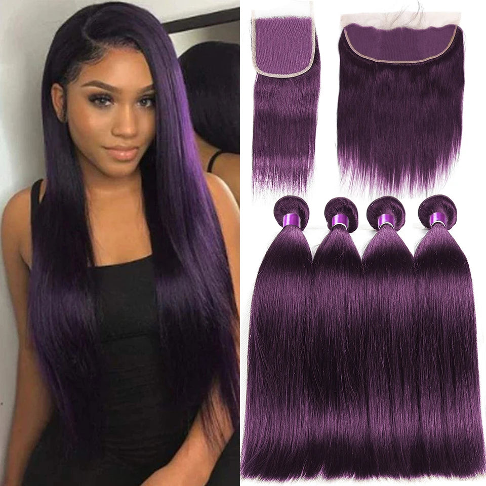 Colored Dark Purple Straight Human Hair Bundles With Closure Lace Closures With Bundles Virgin Hair Weave Bundles With Closure