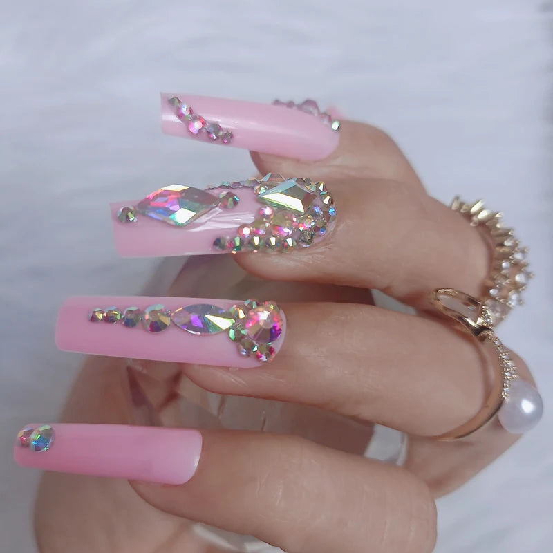 24pcs luxury jewelry wide head Crystal full of diamonds long ballet coffin fake nails deep pink