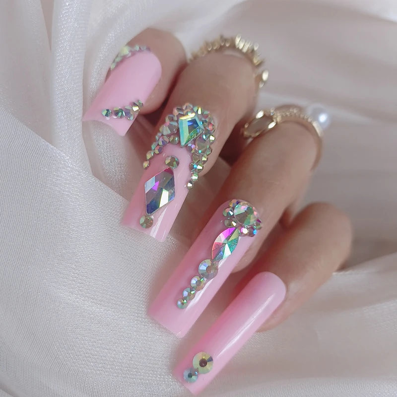 24pcs luxury jewelry wide head Crystal full of diamonds long ballet coffin fake nails deep pink