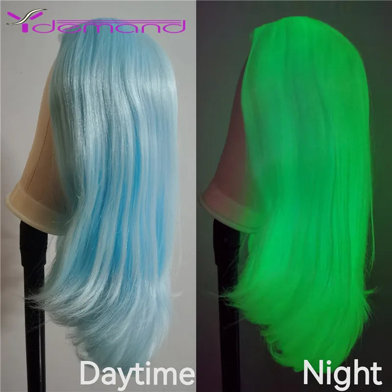 Synthetic Wig Green Neon Glowing Hair Wigs Shining in the Darkness High Temperature Fiber