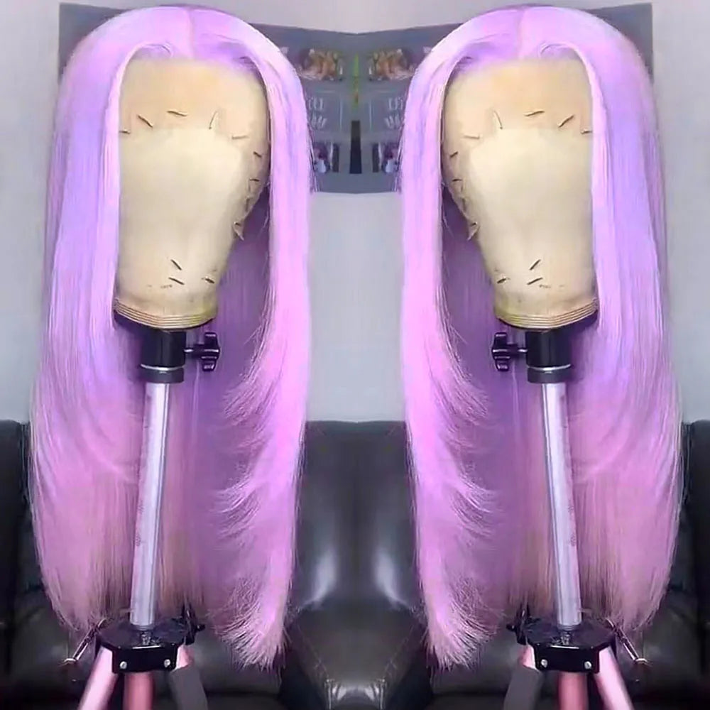 RONGDUOYI Pink Hair Layered Haircut Straight Lace Front Wigs Natural Hair Long Straight Cosplay Heat Fiber Synthetic Wig Purple