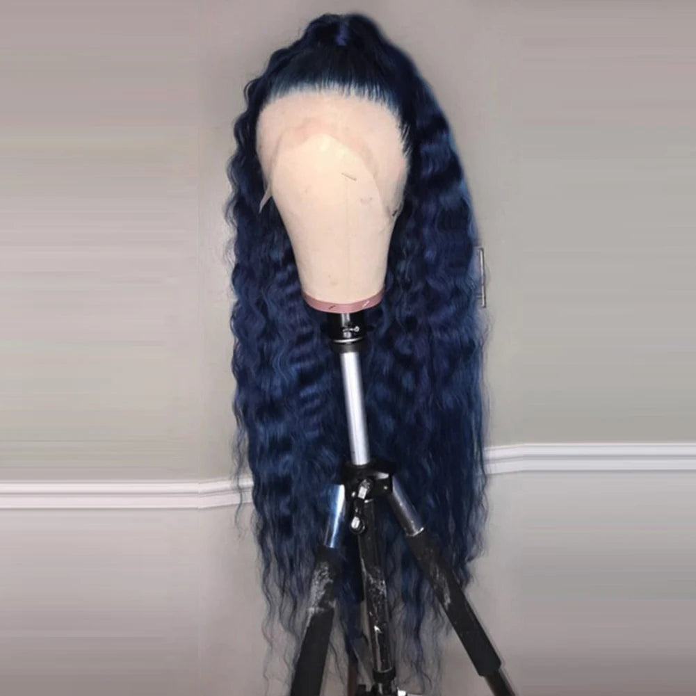 &quot;Charisma 26&quot; Long Water Wave Synthetic Lace Front Wig in Dark Blue - Natural Hairline Wig&quot;